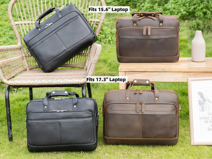 Masa Kawa Leather Briefcase for Men 17" Laptop Shoulder Messenger Bag Vintage Brown Business Travel Work Lawyer Attache Case,Large