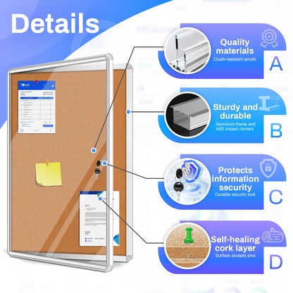 Magula 36"x24" Enclosed Bulletin Board Tamper-Proof Dispaly Case, Aluminium Frame, Shatter Resistant Lockable Bulletin Board, Enclosed Cork Board for School, Office, Commercial, Hospital etc