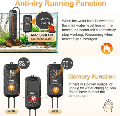 hygger Aquarium Heater, 250W/500W Adjustable Power Fish Tank Heater with Digital Display External Controller, Automatic Power-Off Protection Heater for 50-106 Gallons Freshwater and Saltwater Tank