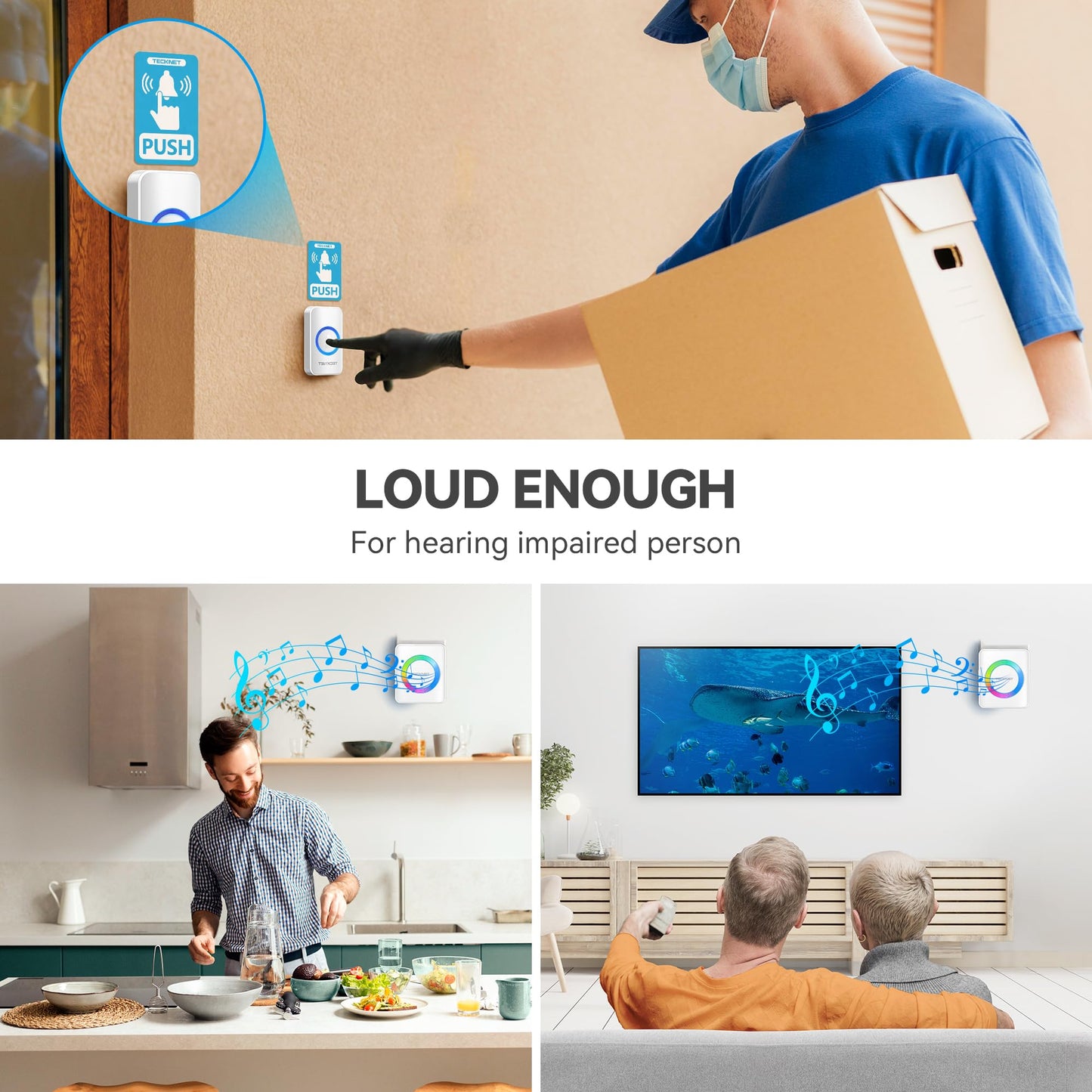 TECKNET Wireless Doorbell, Door Bell 0-120dB, 1300 ft Wireless Range, IP65 Waterproof Classroom Doorbells, 60 Chimes & 5 Volume Levels, RGB Light for Home Kid Room Office Hearing Impaired