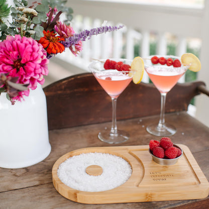 Margarita Salt Rimmer Set for up to 6" Rims - Bamboo 'Let's Celebrate Today' Wood Margarita Rimmer Set w/Bowl & Room for Margarita Accessories- Margarita Sugar Rimmer for Cocktails