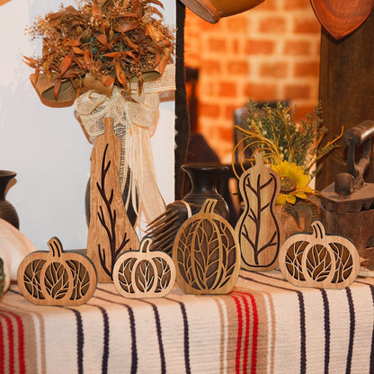 JarThenaAMCS 6 Pcs Fall Pumpkin Wood Table Sign Natural Wood Hollow Carved Pumpkin Rustic Autumn Tabletop Centerpieces for Farmhouse Thanksgiving Home School Office