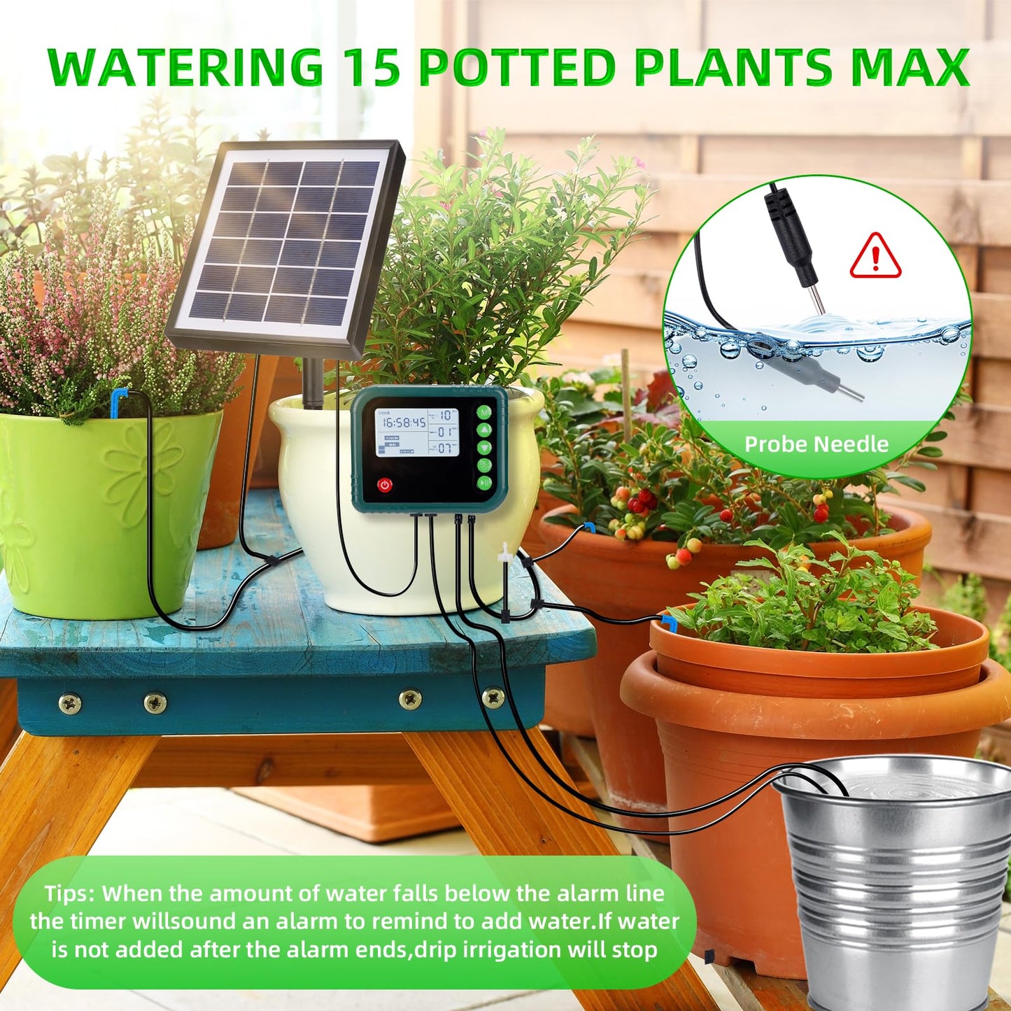 Solar Automatic Drip Irrigation Kit System,Automatic Plant Watering Devices Programmable Water Timer,LED Display for 15 Potted Plants Outdoor Indoor Garden Balcony Vacation