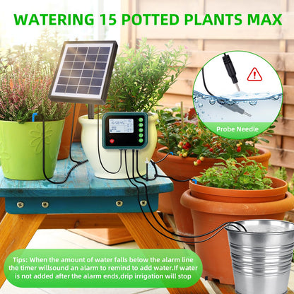 Solar Automatic Drip Irrigation Kit System,Automatic Plant Watering Devices Programmable Water Timer,LED Display for 15 Potted Plants Outdoor Indoor Garden Balcony Vacation