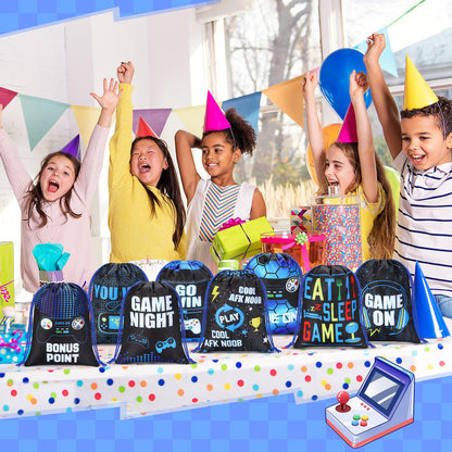 Faccito 16 Pieces Video Game Party Favors Bags 7 x 9.8 Inch Gaming Party Drawstring Bags Bulk Game Theme Goodie Candy Treat Gift for Boys Girls Birthday Supplies, 8 Styles(Blue)