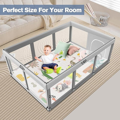 Baby Playpen with Mat 74" ×50", Large Play Yards Indoor & Outdoor, Sturdy Safety Baby Play Pen with Soft Breathable Mesh, Toddlers Play Pen with Anti-Slip Base, Waterproof Mat Included