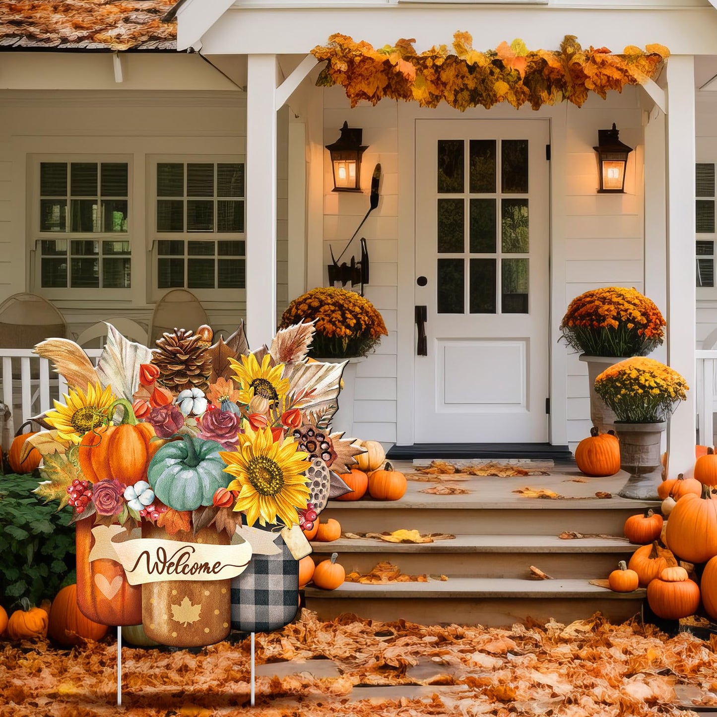 Memorywuu Metal Thanksgiving Decoration Fall Pumpkin Mason Jar Yard Sign Stake 14.2 Inch Autumn Welcome Sunflower Outdoor Yard Decor for Autumn Harvest Outside Lawn Decorations Garden Patio Walkway