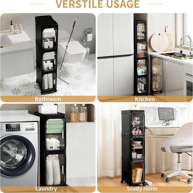 5-Tier Tall Narrow Slim Bathroom Storage Cabinet, Black | Tool Free Assembly, Adjustable shelves, Fits for Narrow Spaces, Lockable Wheels, Magnetic Clear Door