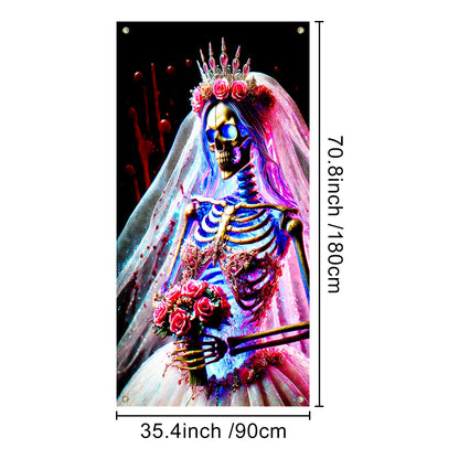 IVN Gothic Bride Skeleton Door Cover 35x71 Inch Dark Wedding Skull Crown Veil Rose Flowers Horror Blood Splatter Backdrop Halloween Front Door Decor Creepy Bridal Banner Scary Party Decoration