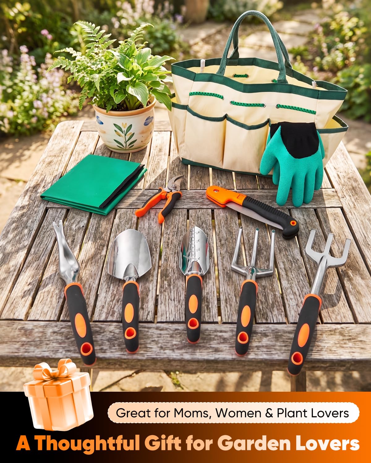 Garden Tool Set Gardening Tools - Heavy Duty Aluminum Tool Kit with Non-Slip Handle, Gardening Gloves and Tool Bag for Weeding, Planting and Pruning, Gifts for Women Mom (Orange Set)