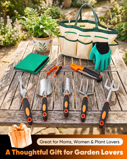 Garden Tool Set Gardening Tools - Heavy Duty Aluminum Tool Kit with Non-Slip Handle, Gardening Gloves and Tool Bag for Weeding, Planting and Pruning, Gifts for Women Mom (Orange Set)
