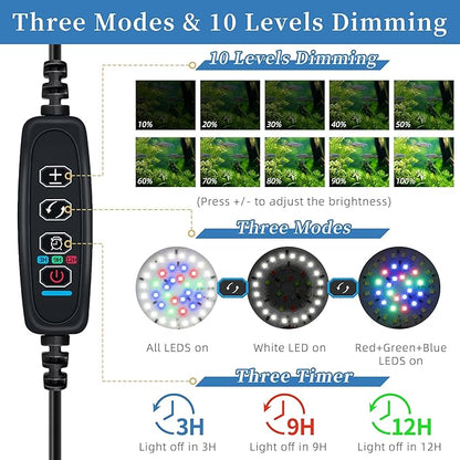 DaToo Mini Clip On Aquarium Light 7W Dimmable Small Fish Tank Light USB Moving Lamp with White Red Blue Green LED for 1 to 3 Gallon Tanks (with Timer)