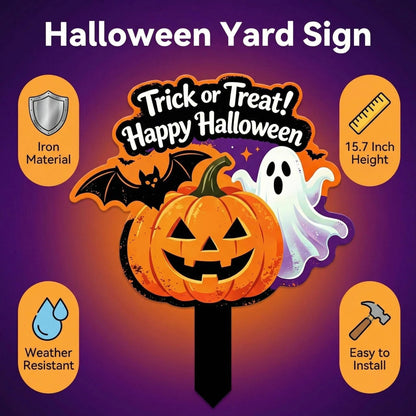Bekecidi Halloween Metal Yard Sign, 15.7 x 11.8 Inches Trick or Treat Pumpkin Ghost Decor, Iron Lawn Stake with Straight Ground Insert for Outdoor Garden Decorations
