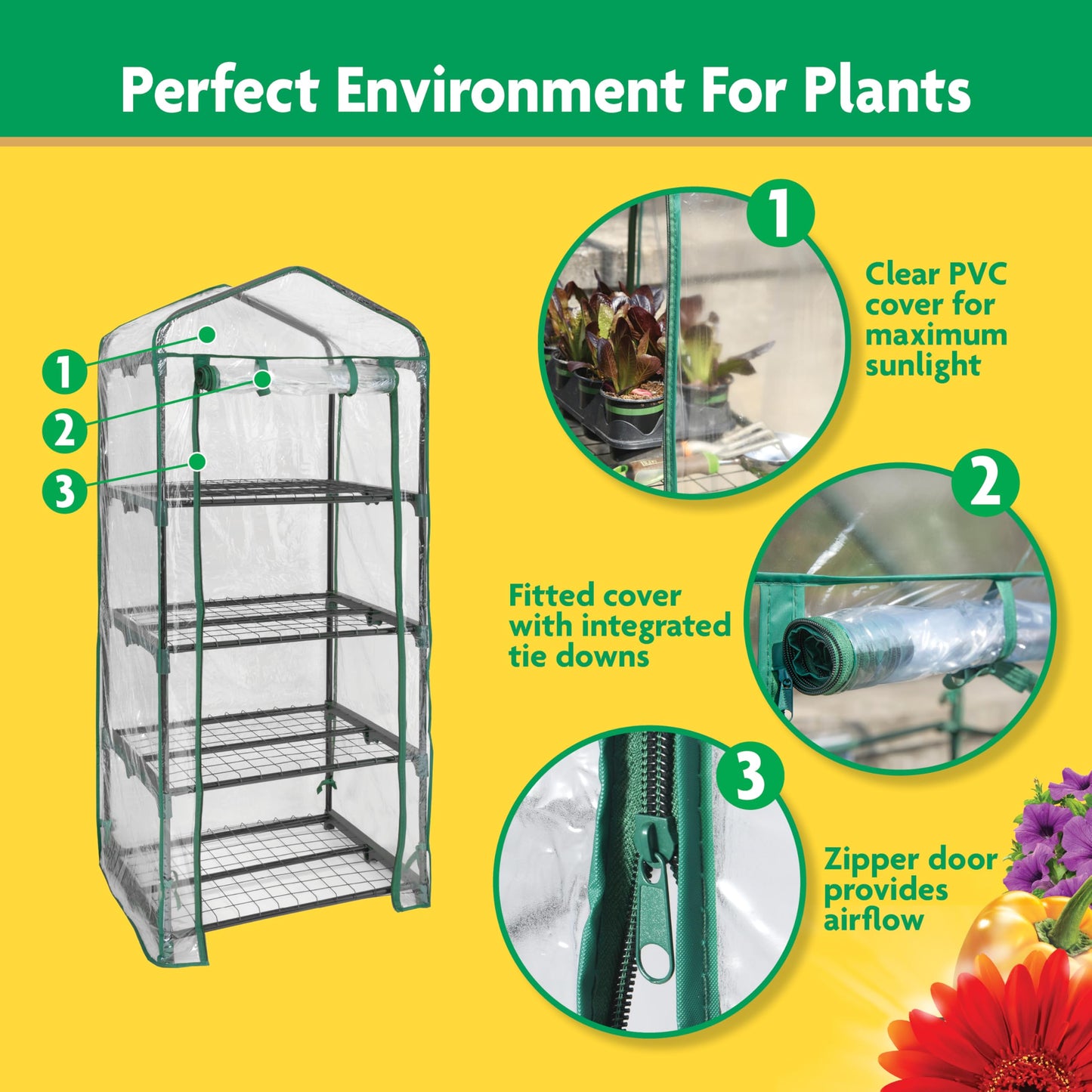 Miracle-Gro 23" x 17" x 57" 4-Tier Indoor/Outdoor Mini Greenhouse Plant Tent, All-Season Compact Plant Growth Accelerator with PVC Cover and Roll-Up Zipper Door, Clear
