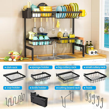 ARSTPEOE Large Over The Sink Dish Drying Rack 2 Tiers 4 Baskets | Fits All Sinks (from 26.57" to 35"), 2-Tier Adjustable SinkRack, Dishes Rack Kitchen Storage Organizer, Space Saving