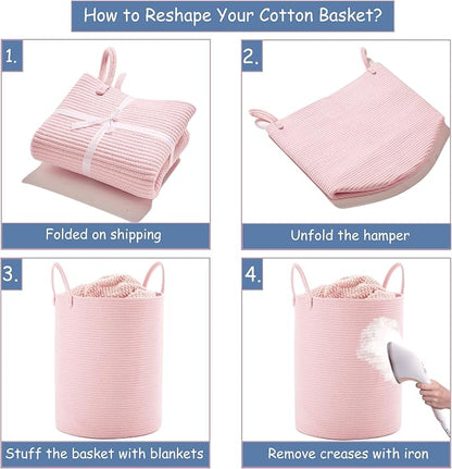 Large Pink Laundry Basket 15x20 Inches, 60L Woven Rope Hamper for Baby Girls and Kids, Tall Nursery Storage Bin, Kawaii Bedroom Laundry Hamper