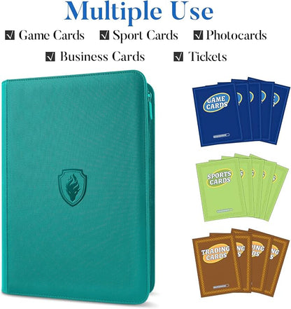 Premium Zip Card Binder, Fabmaker 9 Pocket Trading Card Binder, PU Cover Zipper Card Collection Album, Sturdy 360 Side-Loading Card Folder Holder for Game & Sports Cards, Turquoise