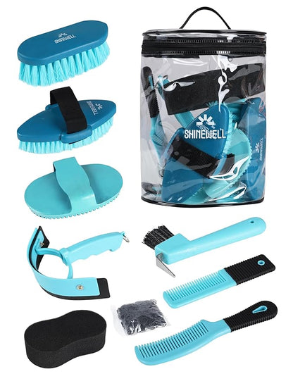 Shinewell Horse Grooming Kit, Complete Horse Brush Set, Equine Grooming Tools for Shedding & Daily Care Blue