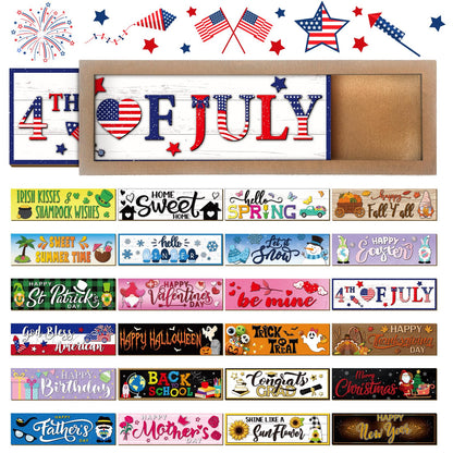 Barydat 25 Pcs Interchangeable Seasonal Decor Interchangeable Welcome Sign with a Wood Frame Seasonal Wooden Welcome Sign Holiday Table Decor for Independence Day Halloween Christmas Decoration