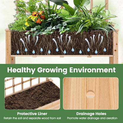 Giantex 65'' Wooden Raised Garden Bed w/Trellis on Wheels, Mobile Elevated Planter Box w/Legs, Liner & Drainage Holes for Climbing Plant Vegetable Herb Flower, Outdoor Garden Box, Backyard Balcony