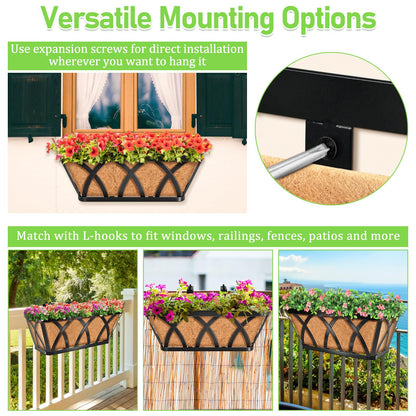 Riare 2 Pack 16 Inch Metal Railing Planter Window Box with Coco Liner- Adjustable Window Flower Boxes for Railings, Hanging Rail Planters for Deck, Balcony, Porch, Fence, Indoor Outdoor Plants