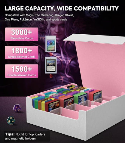 MoKo Trading Card Storage Box, 3000+ MTG Deck Box with 24 Colorful Dividers & 4 Card Supporters, Commander Card Deck Case Fits for Magic Game Cards, YugiOh, TCG, PTG and Sport Cards, White+Pink