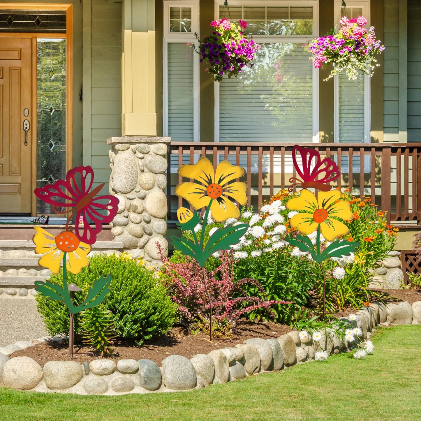 WKHOMEDECO 3 Pack Butterfly&Flower Metal Flowers for Outside & Decorative Garden Stakes - Metal Yard Art Outdoor and Garden with Rustproof Design | Spring Lawn Ornaments for Porch,Backyard，Patio