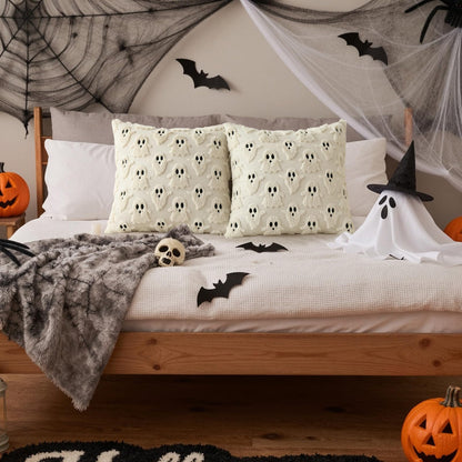 decorUhome Fall Halloween Ghost Pillow Covers 18x18 Inch Pack of 2 Soft Plush Faux Wool Textured Throw Pillow Covers Cute 3D Ghost Decorative Cushion Cases for Couch Sofa Bedroom Home Decor, Beige
