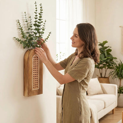 Dnnnii 2 Pack Wooden Wall Vase Set - Brown Finish Hollow Rattan Modern Farmhouse & Boho Wall Decor for Entryway, Hallway, Bathroom, Living Room, Dining Room, Narrow Spaces