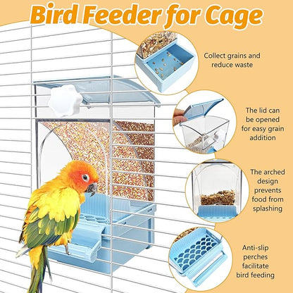 BNOSDM No Mess Bird Feeder Transparent Automatic Bird Cage Feeder with Perch Acrylic Parrot Food Container Parakeet Cage Accessories for Parakeets, Budgies, Cockatiel, Finch, Canary, Lovebird (Blue)