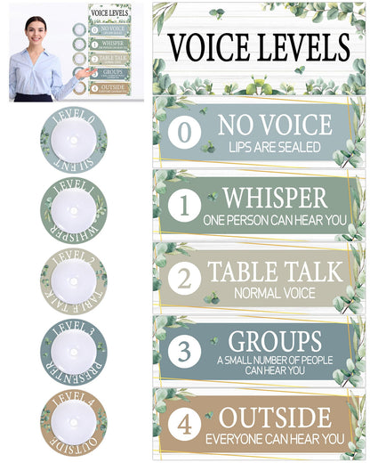 5 Pcs School Push Light and Voice Level Poster Voice Level Chart Monitor Rules Sign LED Tap Light Classroom Rules Poster Noise Chart Classroom Management Tools for Teachers（Eucalyptus Style）