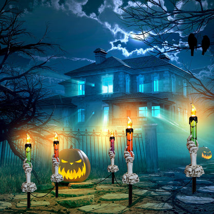 YBB 5 Pack Skeleton Stake Pathway Lights, Ghost Hands Skull Candle Battery Operated Stake Lights for Halloween Outdoor Garden Lawn Yard Landscape Decoration