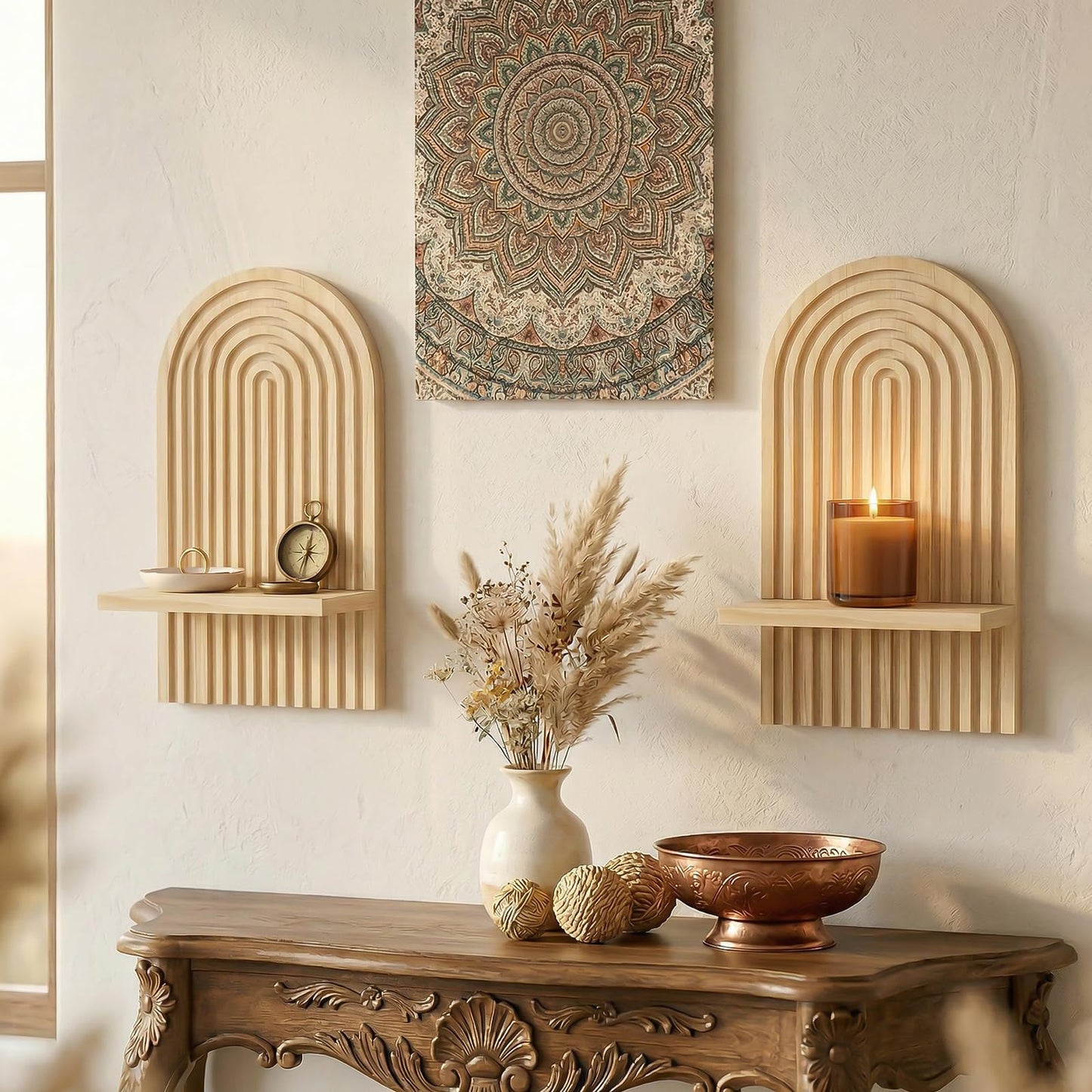 Boho Wall Decor Floating Shelves Set of 2 - Natural Wood Arched Wall Shelf for Modern Minimalist Decor, Rustic Hanging Shelves for Living Room, Bedroom, Bathroom