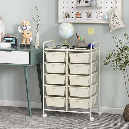 Giantex 10 Drawers Rolling Cart, Classroom Organizers, Storage Cart with Wheels, for Teacher Office Home School Supplies Tool Craft Art Paper, Ivory Color