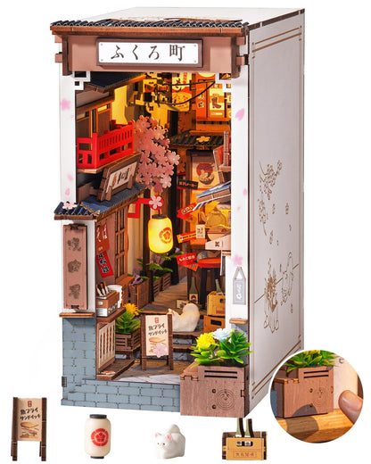 ROBOTIME Japanese Book Nook Kits, DIY Miniature House Kit for Adults 3D Wooden Puzzle, Bookends Bookshelf Diorama Creative Decorative Crafts Kits Unique Gifts for Teens & Beginners (Sakura Wine Alley)