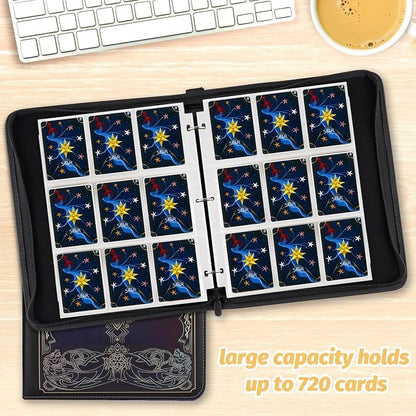 720 Pockets Round Ring Trading Card Binder, 9-Pocket Clear Zipper Card Album with Wrist Strap, Holds 720 Standard TCG Cards Compatible with Sports Baseball Football Game Cards (Black Purple)