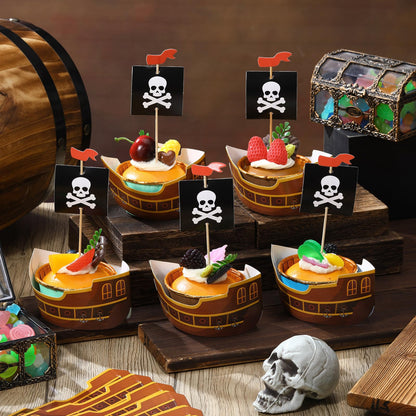 Vesici 72 Pcs Pirate Ship Cupcake Toppers Skull Cap Cupcake Picks Pirate Halloween Party Decorations for Birthday Party Cake Decorations Supplies