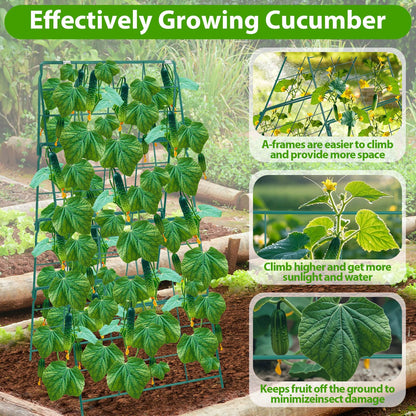 ROADPLUM 2 Pack Cucumber Trellis for Raised Garden Bed, Outdoor Sturdy Metal A-Frame Cucumber Trellis Support for Climbing Plants Vegetables with Accessories, Easy Installation & Easy Harvesting