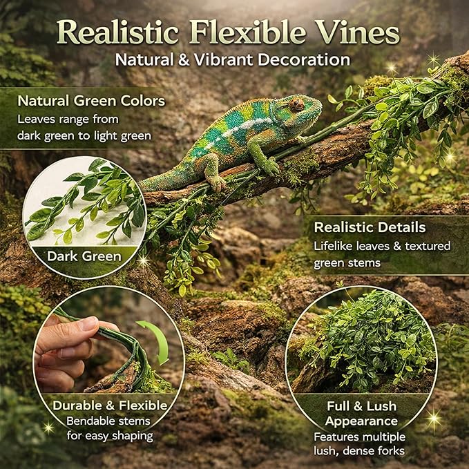 HERCOCCI 2 Pack Reptile Plants, Terrarium Hanging Plants Vines Artificial Leaves Habitat Decorations with Suction Cup for Bearded Dragon Hermit Crab Lizard Snake Geckos Chameleon