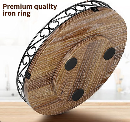 9" Lazy Susan Turntable Organizer for Table Top, Round Wooden Lazy Susan for Cabinet, Farmhouse Decorative Tray for Coffee Table, Kitchen Organizer Countertop, Center Piece Decor, Rustic Brown