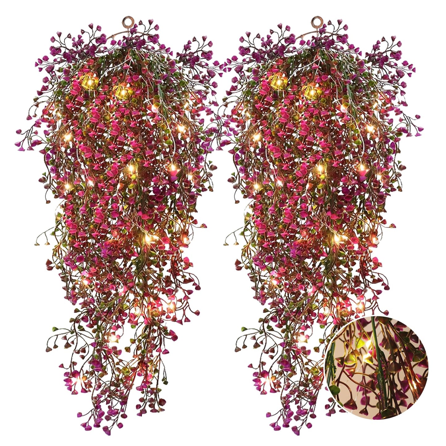 RECUTMS 4Pcs Fake Ferns Artificial Hanging Plants with 30 LED Lights Ivy Flowers Large Faux Hanging Plant for Indoor Outdoor Room Garden Porch Wedding Party Decorations (Fuchsia)