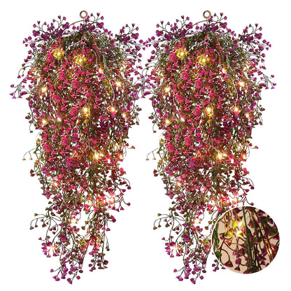 RECUTMS 4Pcs Fake Ferns Artificial Hanging Plants with 30 LED Lights Ivy Flowers Large Faux Hanging Plant for Indoor Outdoor Room Garden Porch Wedding Party Decorations (Fuchsia)