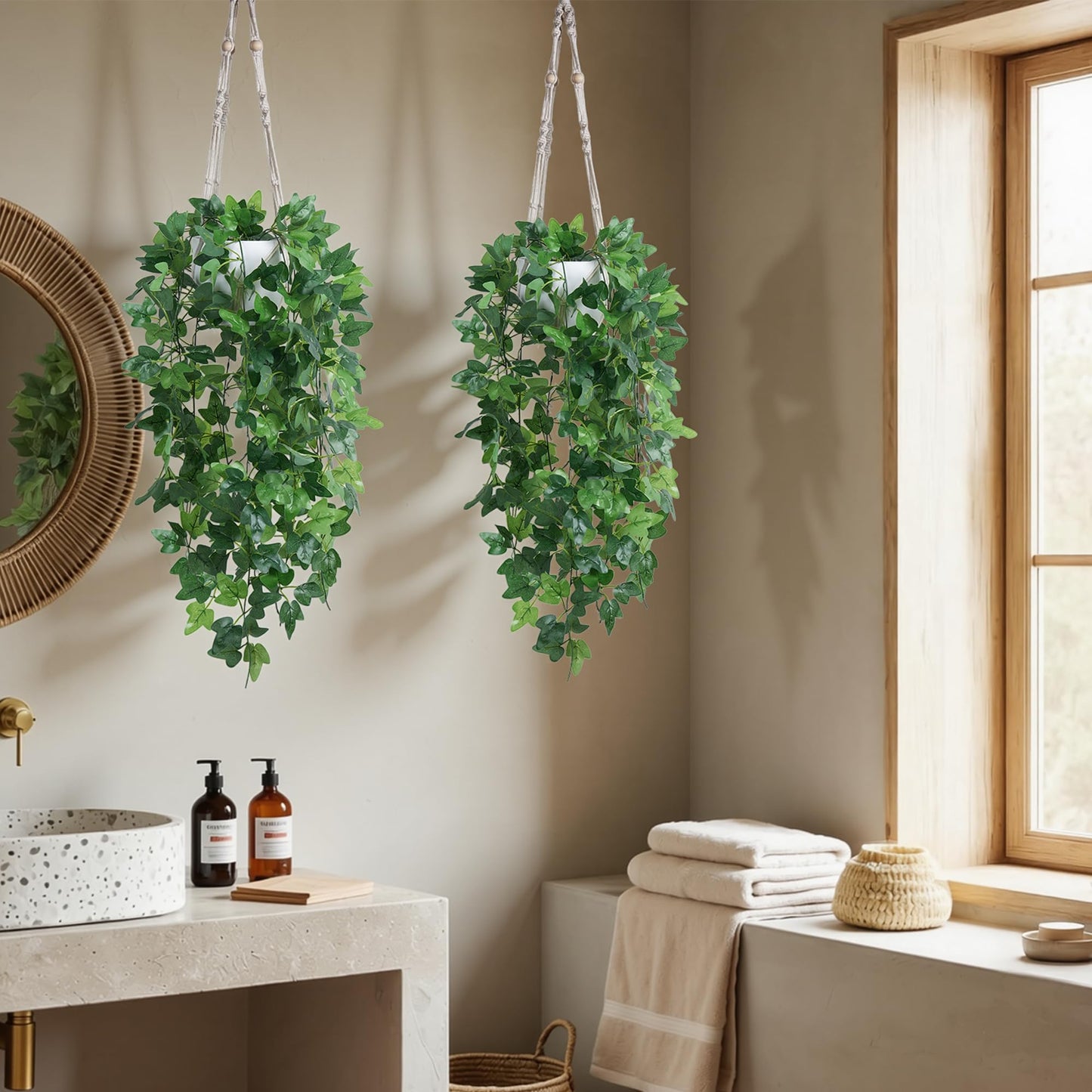 DREAMLOOM 2 Packs Fake Hanging Plants with Pots, Artificial Ivy Hanging Plants with Macrame Hanger for Indoor Decor, Fake Hanging Vines Faux Greenery for Home Kitchen Office