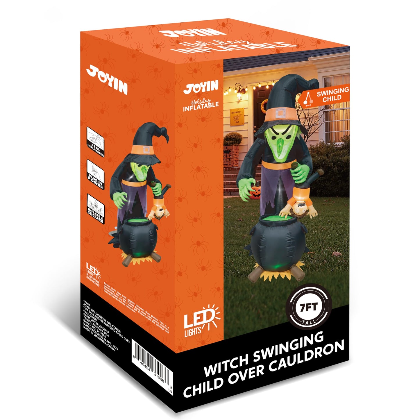 JOYIN 7FT Halloween Witch Animated Inflatable Decoration Witch Swinging Child Over Cauldron Inflatable Decoration Built in LED Giant Halloween Animatronics