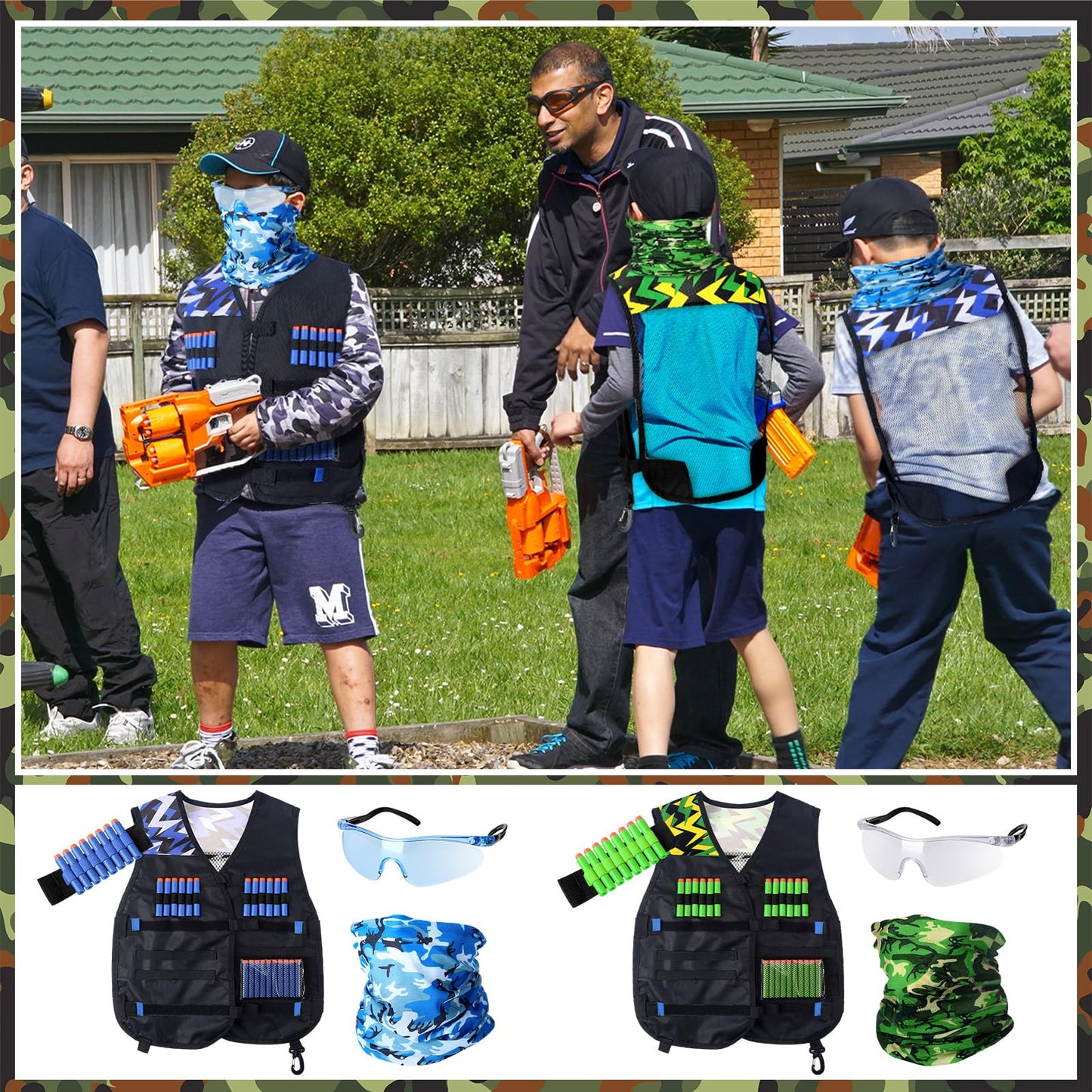 Sosation 12 Sets Kids Tactical Vest Tactical Party Supplies Favor Accessories, Face Mask Wrist Holder Toy Gift (Green and Blue)