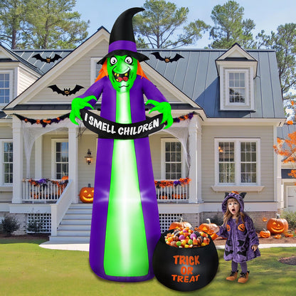 BRDJade 8Ft Halloween Inflatables Witch Outdoor Decorations with Candy Cauldron, Scary Blow Up Witch Holds I Smell Children Banner, Inflatable Halloween Build-in LEDs for Party Yard Lawn Garden Decor