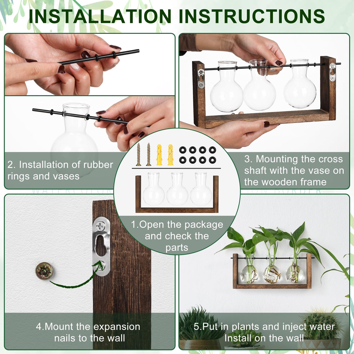 YIBOT Wall Hanging Planter Propagation Station Glass Flower Vase for Hydroponics Plants, Plant Terrarium with Wooden Stand, Bathroom, Home Office Living Room Decor Gift
