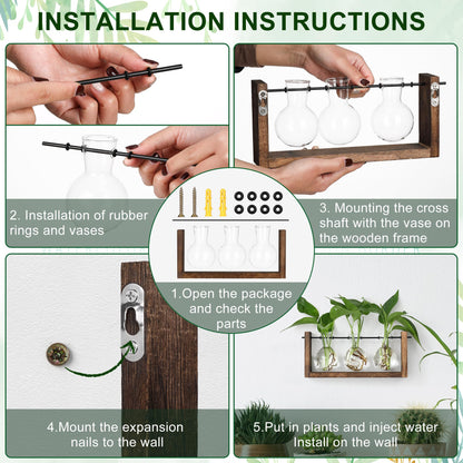 YIBOT Wall Hanging Planter Propagation Station Glass Flower Vase for Hydroponics Plants, Plant Terrarium with Wooden Stand, Bathroom, Home Office Living Room Decor Gift