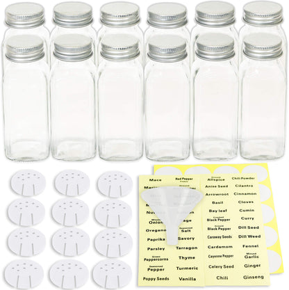 Simple Houseware Spice Jars 6 Ounce Square Glass Bottles with Shaker Lids, Funnel and Labels for Seasoning & Storage, 24 Pack