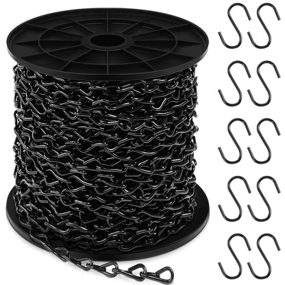 Yaocom 50ft Black Jack Chain with 10 pcs S Hooks Galvanized Steel Twist Chain with Spool-Weldless for Hanging Fixture, Bird Feeders, Overhead Lights, Artworks, Flowerpots (1.2mm)